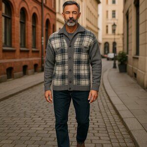 Gaeltarra Donegals Wool Sweater Jacket Gray Men's Large/40 Plaid Button Front